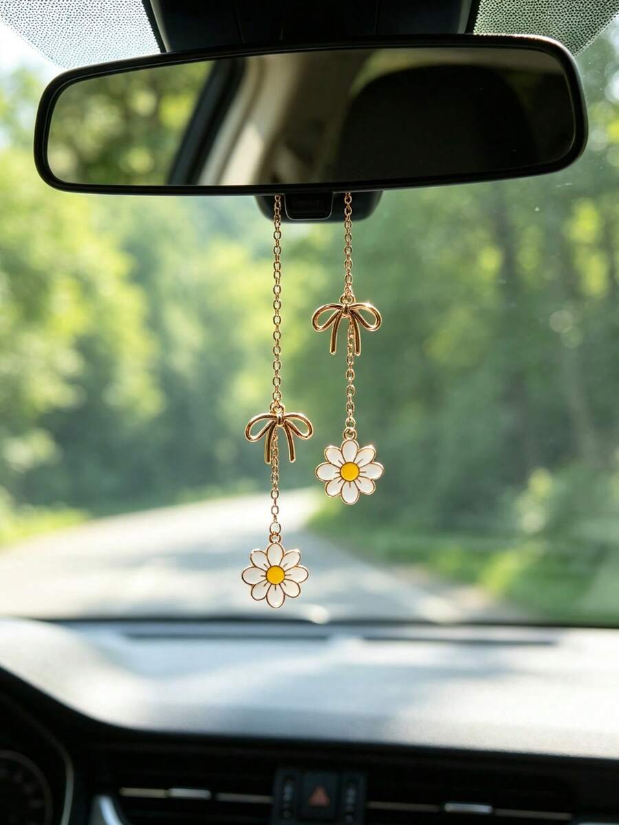 1pc Daisy Pendant Bowknot Decor Car Rearview Mirror Hanging Ornament Women Car Interior Decoration Accessory - A - View 1