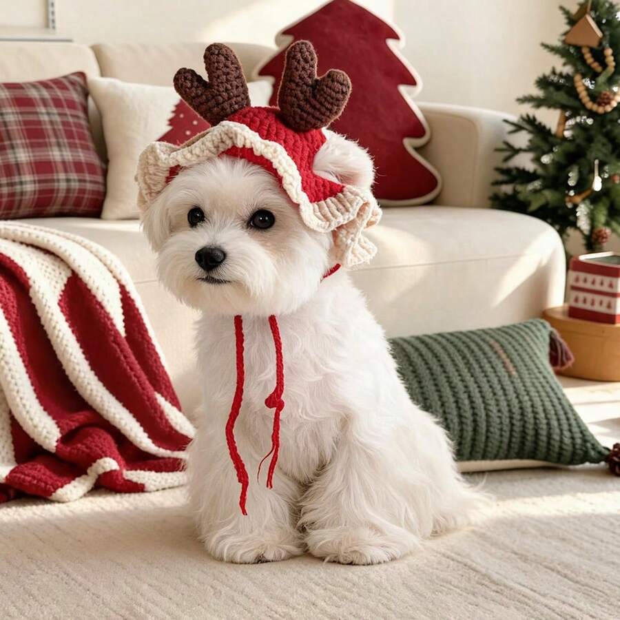 1pc Adjustable Holiday Pet Hat | Christmas Deer Horn Decoration Hat, Holiday Color, Wavy Ruffle Trim, Loose Fit, Thick Warm Hat For Maltese Small Dogs And Cats - Multicolor - View 1