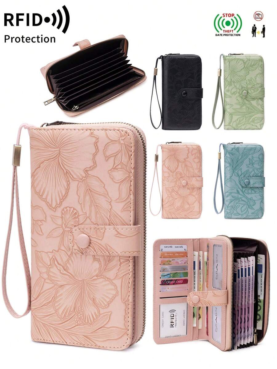 FOREVER MIYIN Women's Fashion RFID Floral Embossed Long Wallet, Large Capacity Bifold Clutch, Multiple Card Slots, With Wrist Strap Phone Wallet, Coin Purse, For Daily Use