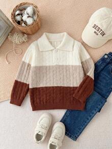 Boys' Vintage Colorblock Cable Knit Pullover, Polo Collar Half-Button Long Sleeve Sweater, Autumn Young Boy Top - Multicolor - View 4