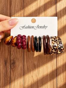 10/12/34 Pcs Fall Retro Vintage Resin Earrings Set For Women, Leopard Print Chunky Hoops, Flower, Twist & Teardrop, Daily & Vacation Wear - Colorful - View 6