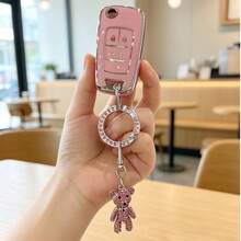 Creative Rhinestone Bear + Key Pouch Set, Suitable For Chevrolet 5-Button Cruze, Cruze, Cavalier, Malibu, Sail Car Key Cover, TPU Soft Shell Material, Protects Your Car Key From Scratches, Car Lock Key Accessory Protective Cover - A - View 5