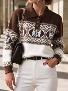 Women's Vintage Bohemian Geometric Pattern Knit Pullover Sweater, Button Collar, Long Sleeve Regular Fit, Suitable For Winter - Multicolor - View 1
