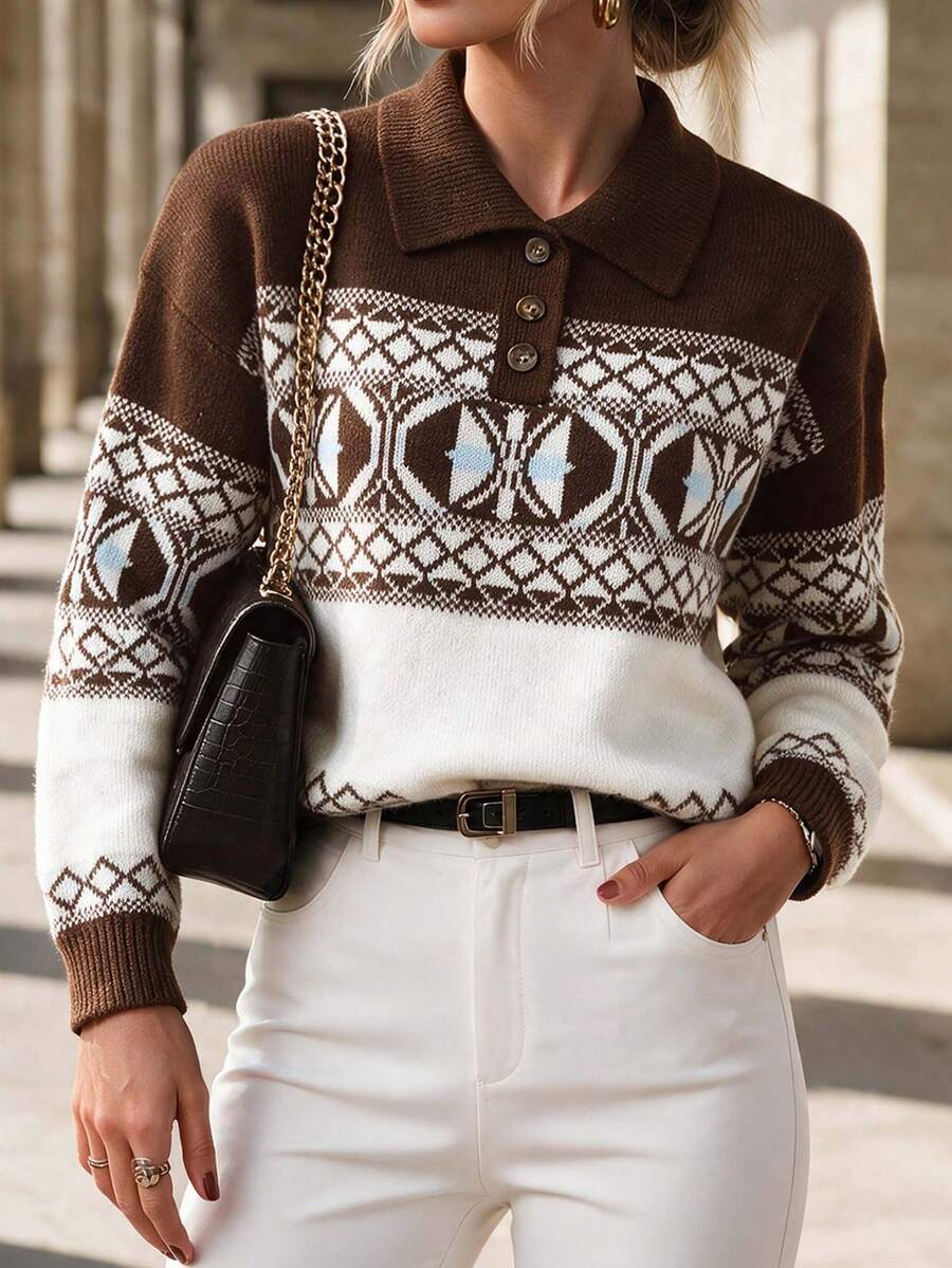 Women's Vintage Bohemian Geometric Pattern Knit Pullover Sweater, Button Collar, Long Sleeve Regular Fit, Suitable For Winter - Multicolor - View 1
