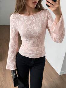 QUNGIGU Women Lace Boat Neck Top Jacquard Bell Sleeve Ruched Waist Blouse Romantic Shirts For Fall Winter Travel Going Out Dating - Pink - View 1