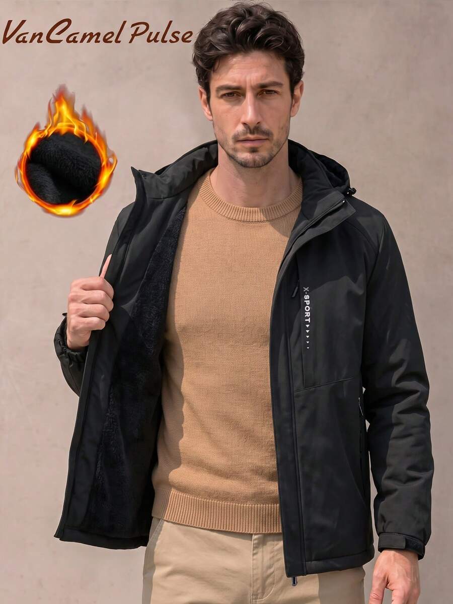 Vancamel Pulse Men's Solid Color Detachable Hooded Thermal Lined Sports Jacket, Warm Outdoor Hiking Functional Loose Comfortable Versatile Top - Black - View 1