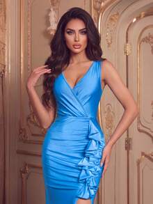 Elegant Women's Sleeveless V-Neck Ruffle Hem Slit Maxi Dress, Suitable For Formal Evening Parties And Balls, Blue Knit Gown - Royal Blue - View 3