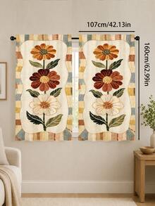 2pcs Vintage Bohemian Sunflower Pattern Printed Curtains, Single-Sided Print, Semi-Sheer - Rod Pocket Curtains, Bedroom Living Room Kitchen Decor, Multiple Sizes Available, Privacy Protection, Machine Washable, Fade-Resistant Curtains (Rod Not Included) - A - View 11