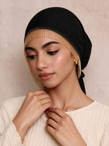 1PC Women's Fashion Tassel Solid Color Elastic Tie Headwrap Scarf Cap Headband Suitable For Daily Wear - C-black - View 2