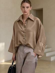 Women's Striped Batwing Sleeve Long Sleeve Shirt Collar Blouse, Button Front Woven Fabric Top - Brown - View 1