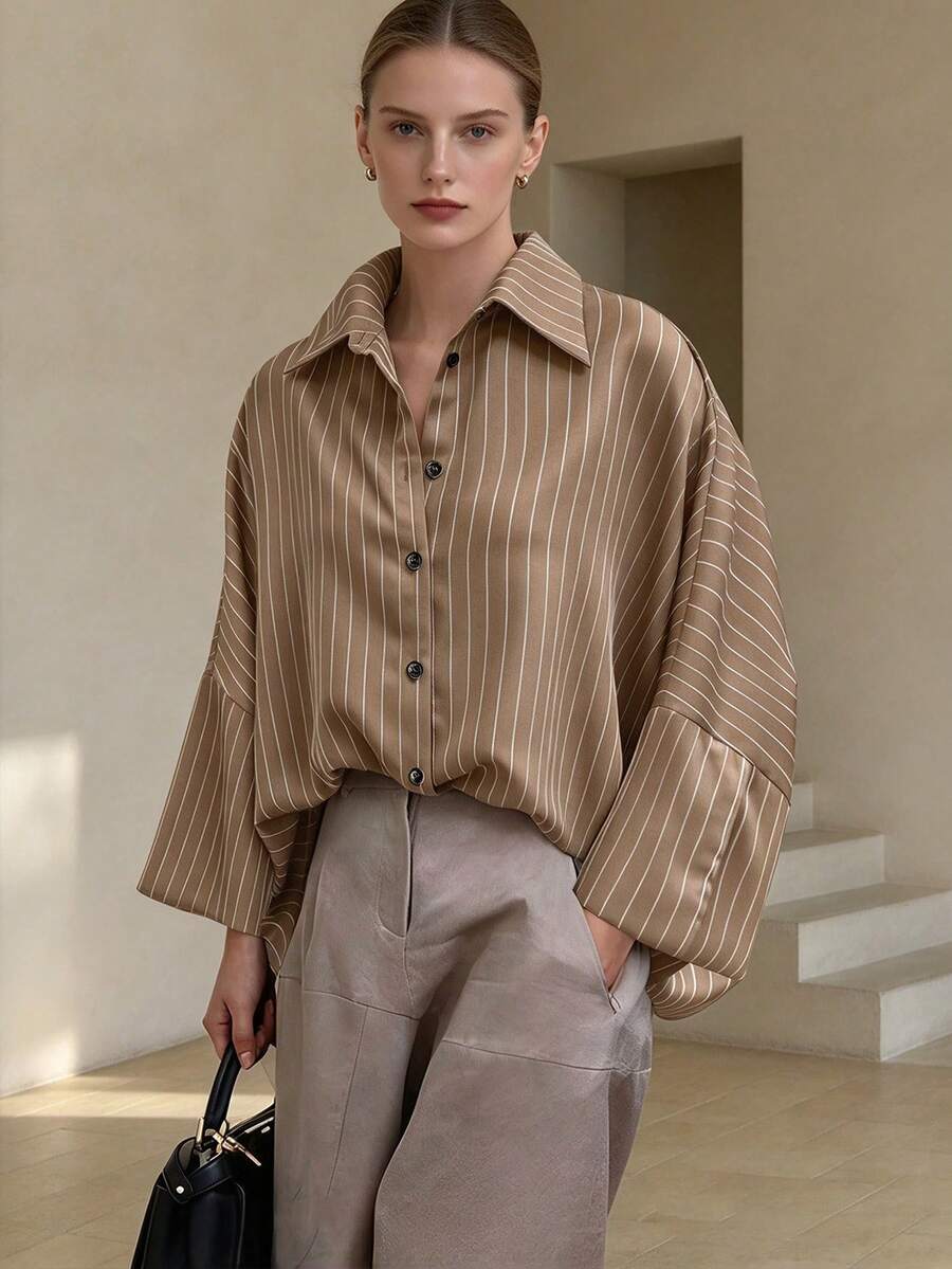 Women's Striped Batwing Sleeve Long Sleeve Shirt Collar Blouse, Button Front Woven Fabric Top - Brown - View 1