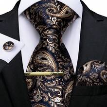 Navy Blue & Gold Paisley Men's Tie Set, 4-Piece Set Including Pocket Square, Cufflinks, Gold Tie Clip, Formal Banquet Outfit - Coffee Brown - View 2