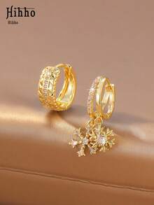 Hihho 1 Pair Asymmetrical Design Earrings, One Side Full Rhinestone Geometric Hoop, One Side Rhinestone Snowflake Pendant Ear Cuff, Creative Outfit, Exquisite Elegant Women's Jewelry, Sparkling Zirconia, Christmas Winter Style - Snowflake - View 6