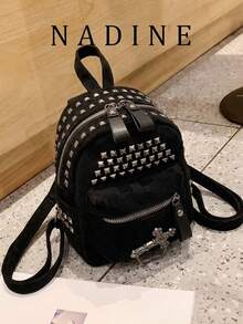 Mini Small Women's Vintage Punk Motorcycle Girl Backpack, Black Rivet Handbag, Personalized Cross Backpack, Flap Design, Multiple Pockets, Large Capacity, Travel, School, Casual, Commute - Black - View 2