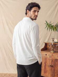 glestore Men's Vintage "Old Money" Solid Color Half-Button Long Sleeve Casual Commuter Polo Shirt, Versatile And Easy To Match For Autumn - White - View 3