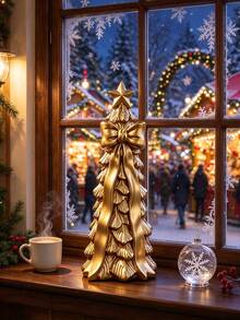 1pc Gold Resin Christmas Tree Ornament, 3D With Bow And Star, Desktop Christmas Decoration, Holiday Home Desktop Decor, Suitable For Fireplace Mantel, Christmas Party Decoration - Gold Christmas Tree - View 1