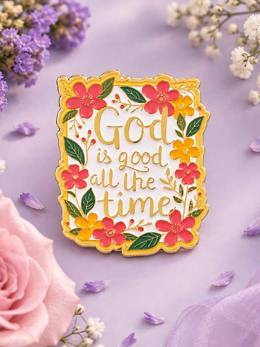 1pc Fresh Garden Style Metal Colorful Flower & Green Leaf Gold English Quote Brooch, Women's Daily Backpack & Jacket Decoration Gift - Multicolor - View 1