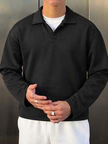 Black Polo Collar Sweatshirt Men's Autumn/Winter Minimalist Drop Shoulder Casual Long Sleeve Turn-Down Collar Top - Black - View 2