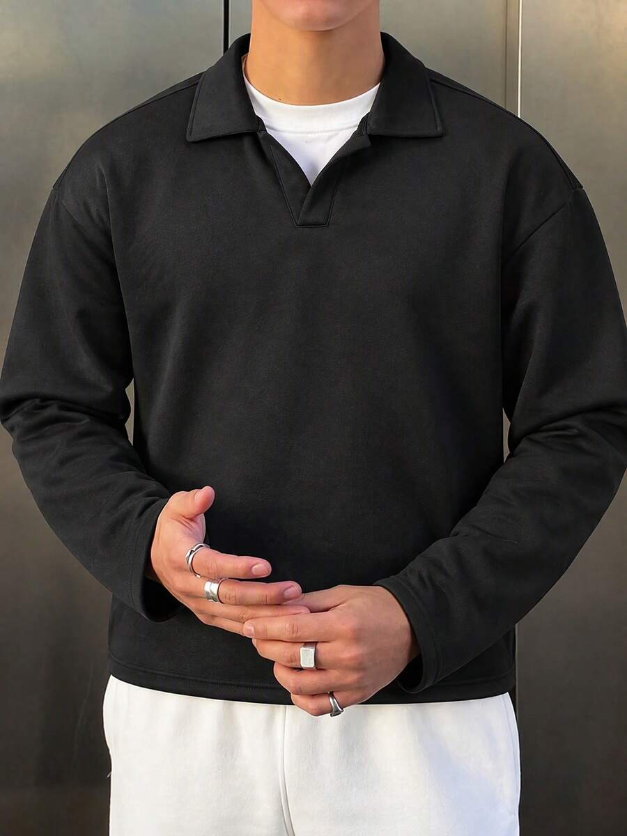 Black Polo Collar Sweatshirt Men's Autumn/Winter Minimalist Drop Shoulder Casual Long Sleeve Turn-Down Collar Top
