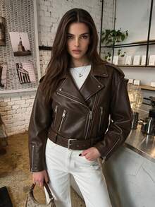 Women's Black Faux Leather Biker Jacket – Zip-Up Cropped Moto Jacket - Chocolate Brown - View 2