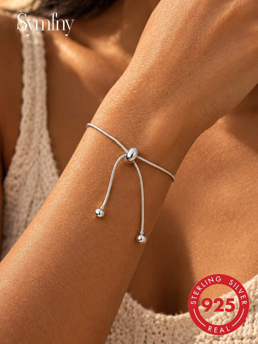 1pc Minimalist 925 Sterling Silver Smooth Bead Adjustable Slider Snake Chain Bracelet For Women Daily Wedding Jewelry Gift - Chain Bracelet - View 1