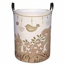 Easter Blessing Laundry Basket, Vintage Rabbit And Little Bird Easter Egg Print Foldable Storage Bin With Handle, Large Laundry Hamper, Space Saving Collapsible Basket, Perfect For Laundry Room, Bedroom, Bathroom, Easter Home Decor Gift - Camel - View 6