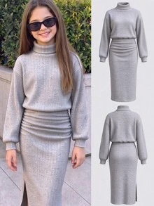 Tween Girl Solid Color High Neck Drop Shoulder Long Sleeve Ruched Casual Dress - Grey - View 2