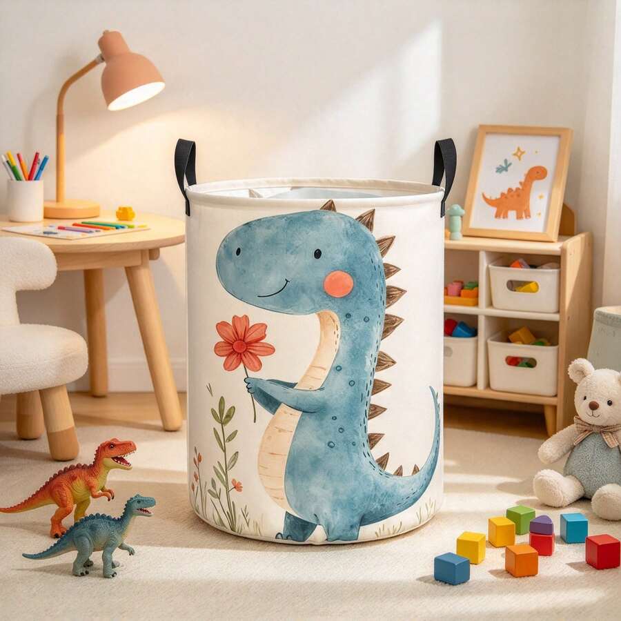 1PC Collapsible Cute Watercolor Dinosaur Holding Flower Print Laundry Hamper, Multifunctional Storage Basket For Clothes And Sundries, Bedroom Decor, Room Decor - Smoky Blue Little Dinosaur - View 1