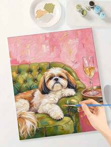 Paint By Numbers Kit Shih Tzu Puppy On Green Velvet Sofa, DIY Hand-Painted Acrylic Painting, Home Wall Decor - A - View 2