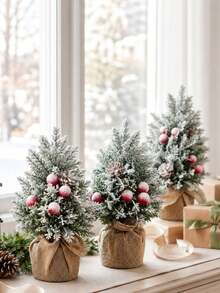 1pc Mini Artificial Christmas Tree Snowy Pine Tree With Plastic Berries Pine Cones Decor,Realistic Rustic Style Fake Artificial Christmas Tree With Burlap Base,Suitable For Christmas,Holiday Party Decor,For Desk,Mantel,Shelf,Table,Office Home Decor - Multicolor - View 3