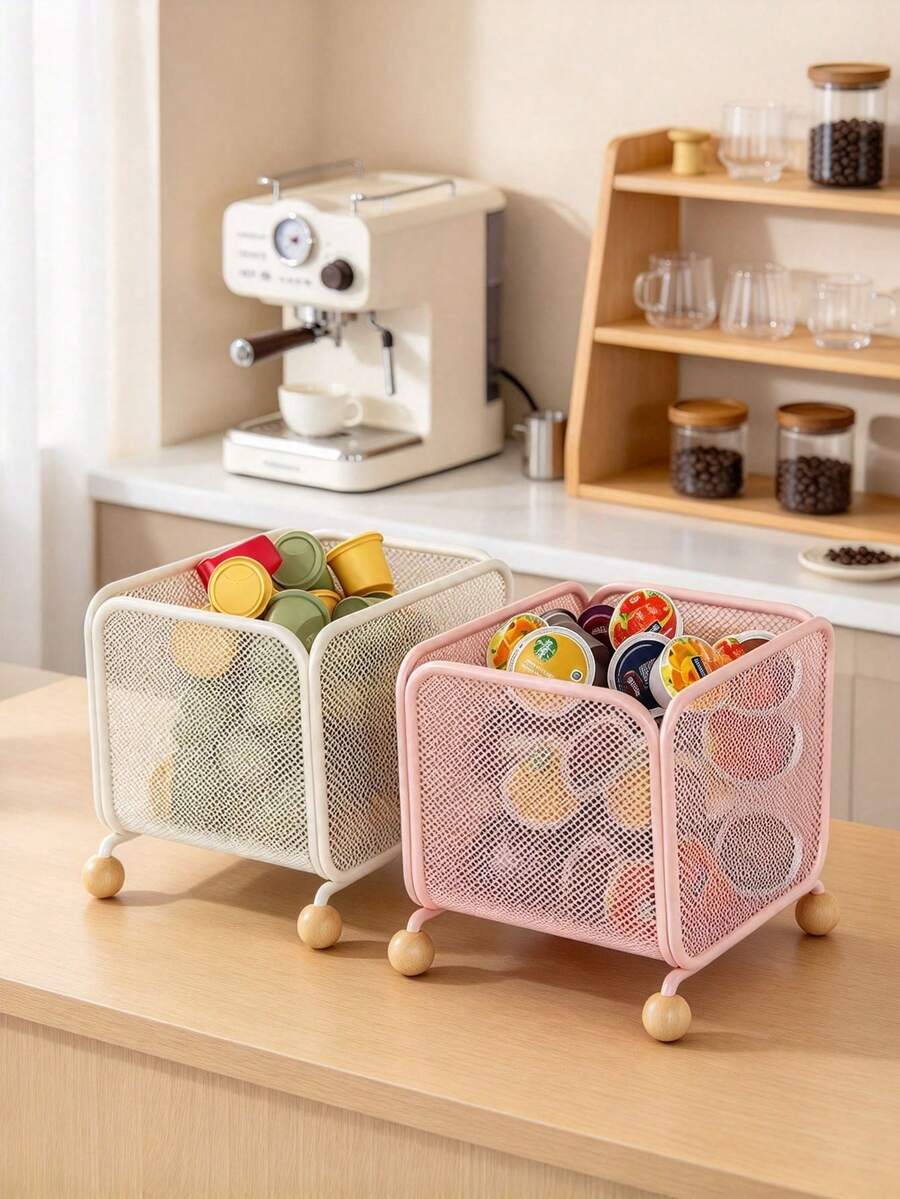 1PCMesh Storage Basket, Metal Wire Storage Bin With Wooden Ball Legs, Desktop Organizer For Coffee Pods, Cosmetics, Snacks, Multipurpose Storage Bin For Kitchen Counter, Office Desk, Bedroom Vanity, Sturdy Mesh Basket, Keep Table Neat