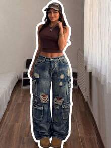 Women's Plus Size Y2K Vintage Distressed Denim Boyfriend Style Long Loose Cargo Pants With Zipper Detail Design, Creating A Fashionable Casual Look - Black - View 3