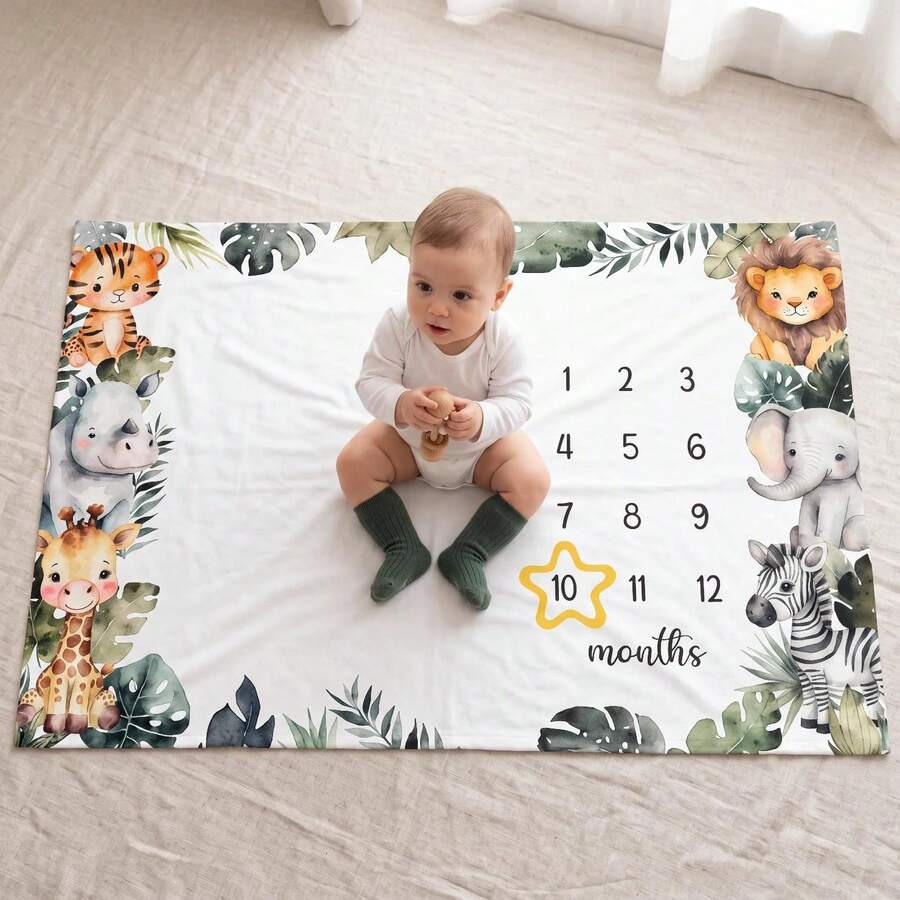 Newborn To 1 Year Old Zoo Theme Baby Growth Monthly Milestone Commemorative Blanket Photography Props - White - View 1