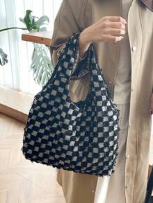 2026 Autumn New Fashion Plaid Tote Bag, Large Capacity Slouchy Women's Shoulder Underarm Bag - Black - View 7