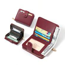 Women's PU Textured Short Clutch Wallet, Snap Button Double Fold Zipper Wallet, Multiple Card Slots & Cash Compartment - Multicolor - View 3