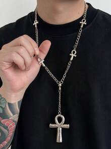 1pc Men's Pendant Necklace, Metal Silver Fashion Retro Style Ankh Cross Pendant Necklace, Suitable For Daily Wear And Party - Silver - View 1