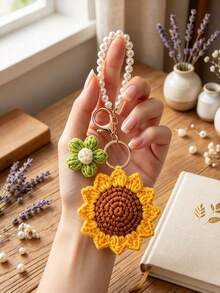 1pc Handmade Crochet Sunflower Pearl Keychain, Yarn Knitted Flower Pendant Bag Charm Small Gift - Multicolor - View 2
