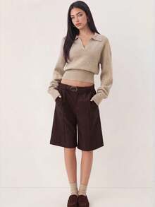 Amaris Popular Women Oatmeal Knit Polo Sweater With Ribbed Cinched Waist, Drop Shoulder Long Sleeve Cropped Knit Pullover - Champagne - View 2
