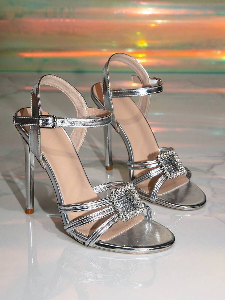 Women's Open Toe Sandals With Metallic Square Rhinestone Buckle, Thin High Heel Party Evening Dress Shoes - Silver - View 1