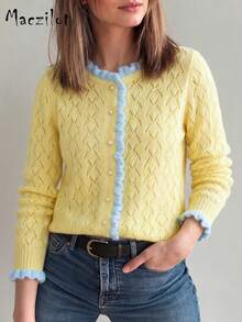 Plus Size Women's Autumn/Winter Colorblock Ruffle Knit Cardigan, Pearl Button Hollow Out Slim Fit Flattering Long Sleeve Casual Sweater Jacket - Pale Yellow - View 2