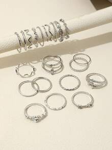 22PCS Star Moon Rhinestone Heart Eye Leaf Rings, Creative Vintage Women's Knuckle Ring Set - Silver - View 4