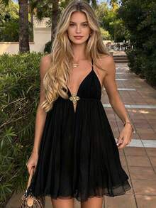 Women's Summer Sky Blue Metal Buckle A-Line Slip Dress Casual Beach Short Vacation Daily Outfit Social - Black - View 1