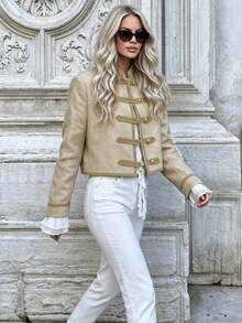 Women's Stand Collar Metal Frog Button Long Sleeve Pocket New Chinese Style Vintage Jacket Top - Apricot - View 6