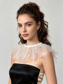 1 Pc Women Detachable Tulle Ruffle Fake Collar, White Mesh Collar With Colorful Sprinkles, Elegant Shoulder Decor Collar For Dress, Wedding And Party - A - View 2