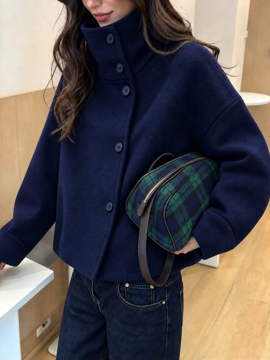 Women's Autumn/Winter Navy Blue Casual Wool Jacket, Stand Collar Button Design Long Sleeve Short Overcoat, Suitable For Commuting, Dating, Daily Wear - Navy Blue - View 1