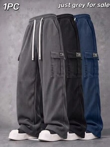 Men's Multi-Pocket Elastic Waist Corduroy Cargo Pants, Drawstring Vintage Straight Leg Casual Sports Pants - Grey - View 1