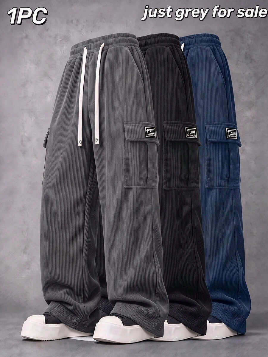 Men's Multi-Pocket Elastic Waist Corduroy Cargo Pants, Drawstring Vintage Straight Leg Casual Sports Pants - Grey - View 1