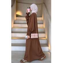 Women's Brown Long Abaya Dress, Shirred Cuffs, Elegant And Fashionable, Basic Style, Autumn - Maroon - View 5