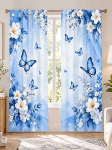 2pcs, Fresh Blue And White Magnolia Butterfly Pattern Printed Curtains, Single-Sided Printing, Semi-Sheer - Rod Pocket Curtains, Bedroom Living Room Kitchen Decoration, Multiple Sizes Available, Privacy Protection, Machine Washable, Fade-Resistant Curtains (Rod Not Included) - A - View 5