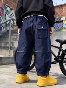 Boys' Kids' Loose Fit Navy Blue Solid Color Denim Jeans Long Pants, Suitable For Autumn, Spring, All Seasons, Back To School, Daily Wear, Outdoor, Home - Blue - View 2